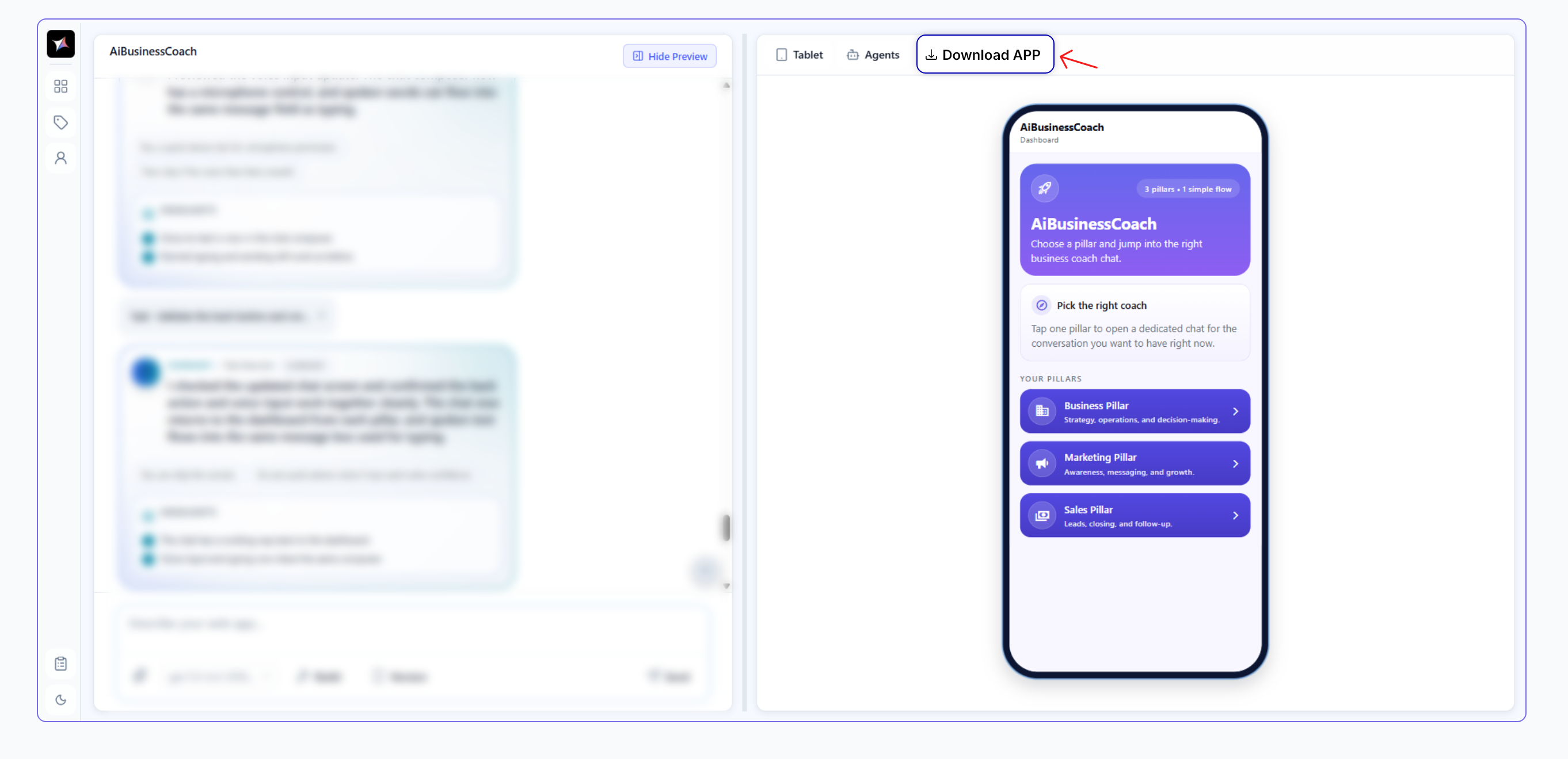 AI Studio — All Apps sidebar with app selected and Preview panel open showing the version and Download App button