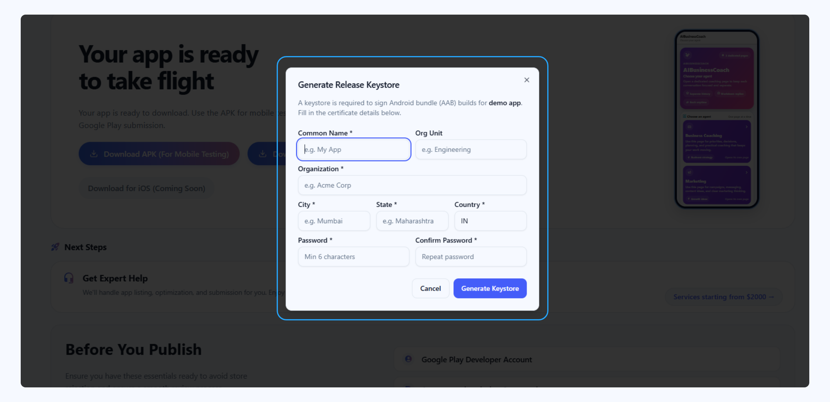 Generate Release Keystore modal with all fields visible