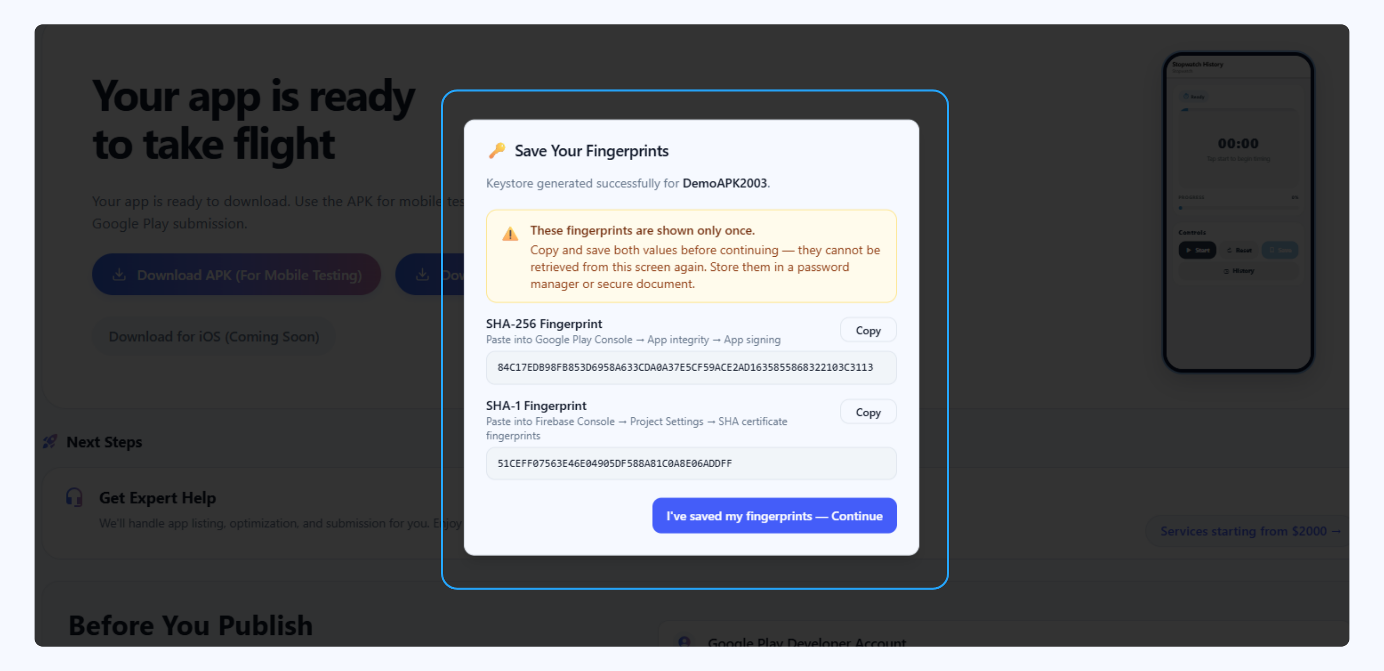 AI Studio — Save Your Fingerprints dialog showing SHA-256 and SHA-1 rows with Copy buttons