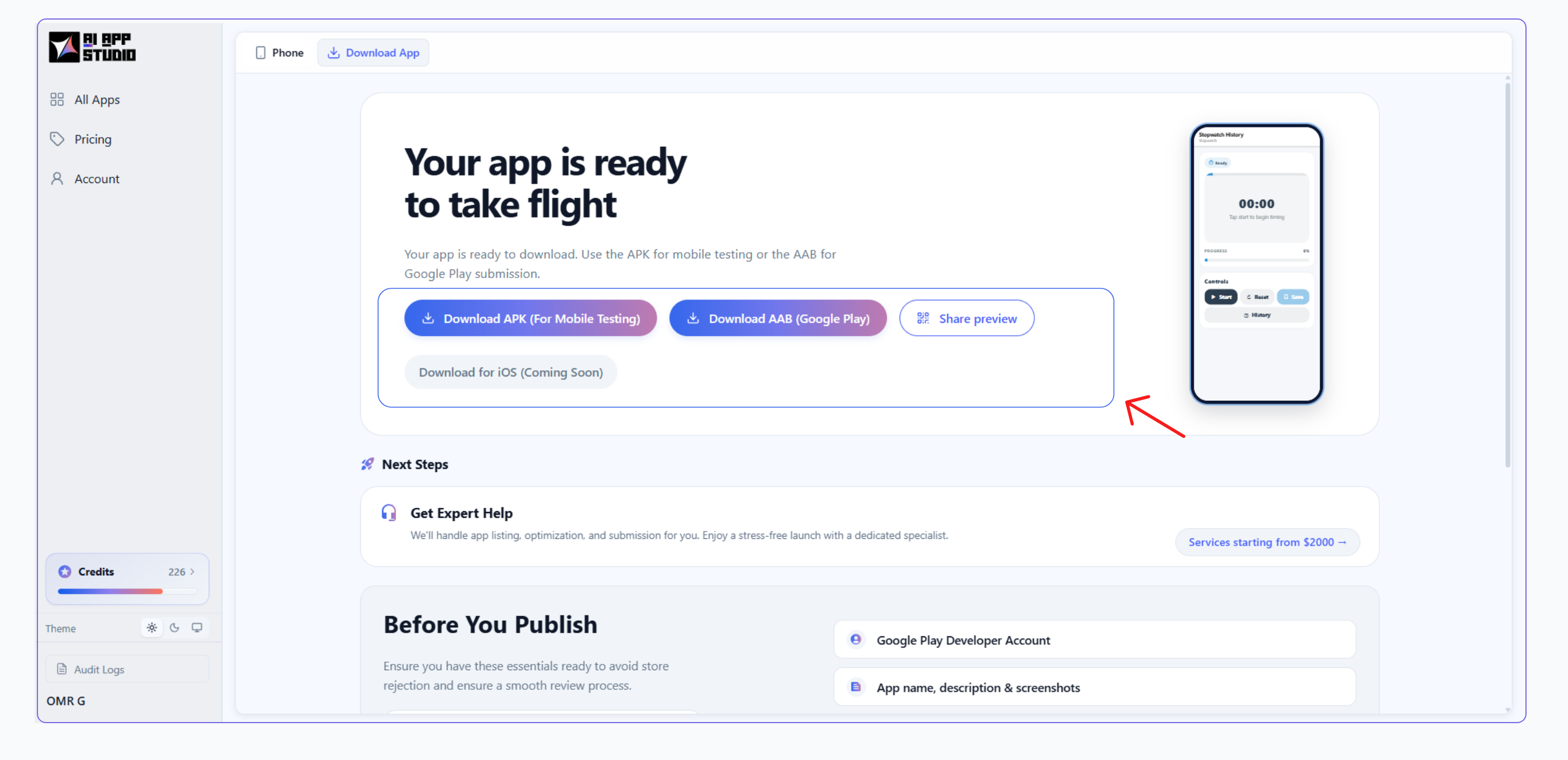 AI Studio Download panel showing Download APK (For Mobile Testing) button and Build Queued dialog
