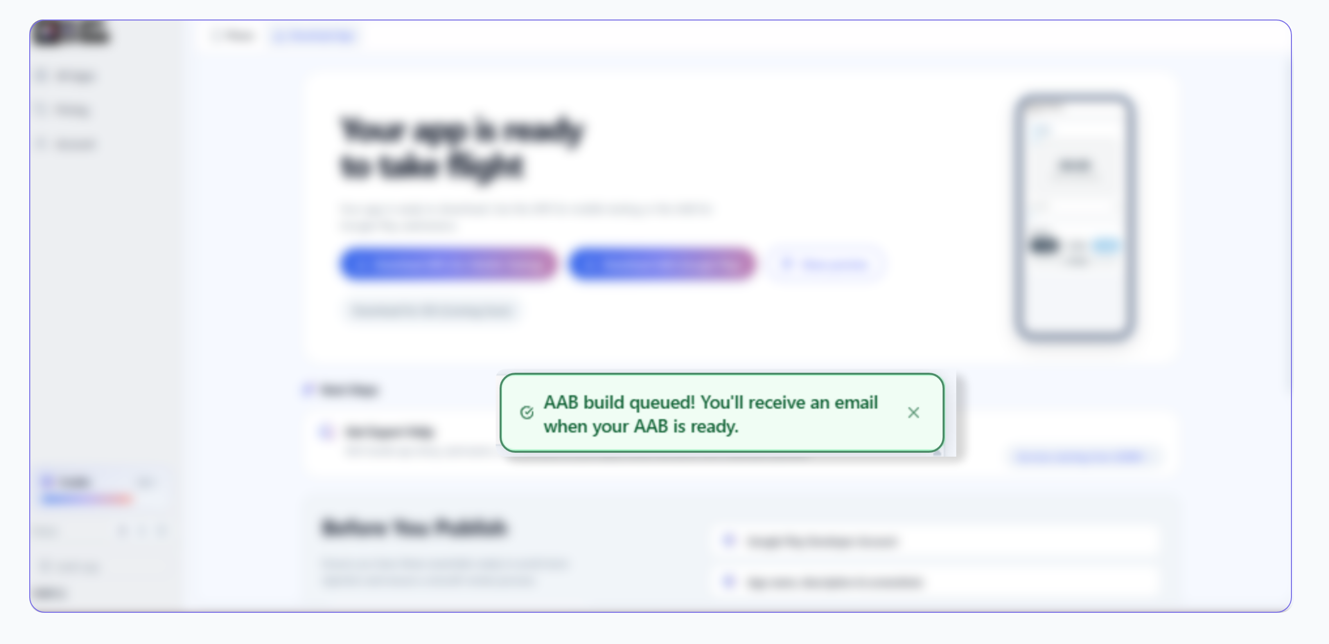 AI Studio Download panel showing Download AAB (Google Play) button and Build Queued confirmation dialog